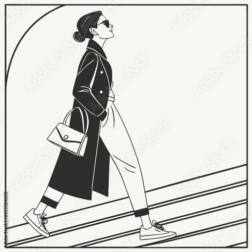 Stylish woman in trench coat walking up stairs with handbag, the minimalist black and white