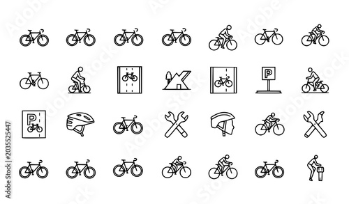 Cycling, bicycle store, and bike repair shop line icons vector