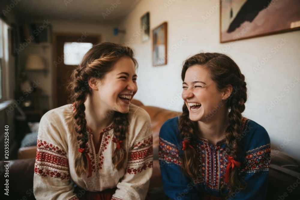 Naklejka premium Joyful sisters in traditional attire