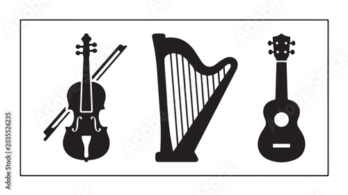 Black silhouettes of violin, harp and guitar on white background for music concepts