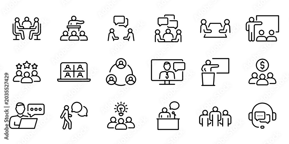 Fototapeta premium Meeting Line Icon Set, Conference Team Brainstorm Vector Collection