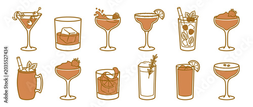Collection of stylized cocktail drinks in various glasses with garnishes and ice