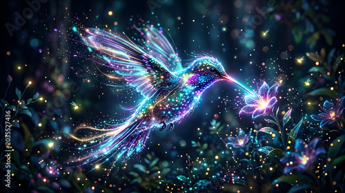Glowing hummingbird flying towards colorful flower in dark mystical forest with sparkles transparent background