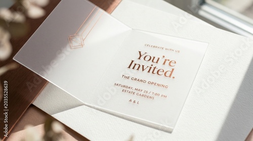 Luxury vellum invitation card mockup with copper foil details. Elegant minimalist design for an event. Copy space for text