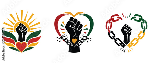 Fist raised with sun and heart design for freedom day juneteenth celebration and african american heritage month