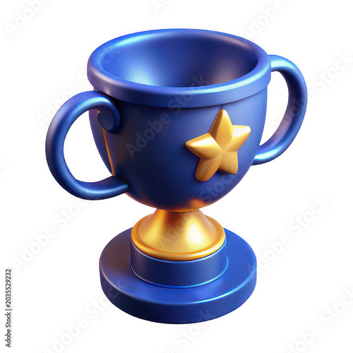 Glossy 3 d blue trophy cup with golden star on black background