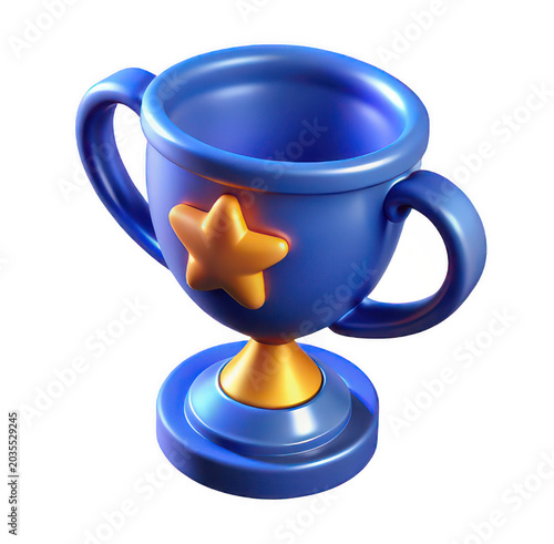 Glossy blue 3 d trophy cup with flame on dark background