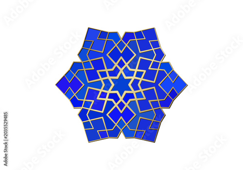 Fényképezés Blue and gold Islamic geometric rosette ornament, isolated on a transparent back