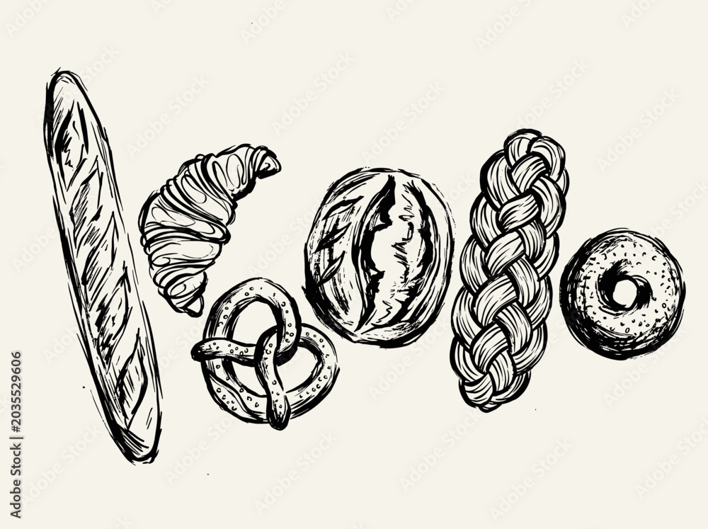 Fototapeta premium Minimalist brush line art of baguette, croissant, pretzel, sourdough, challah, and bagel, ink sketch