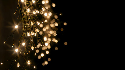 Elegant Golden Fairy Lights with Soft Bokeh on Black Background
