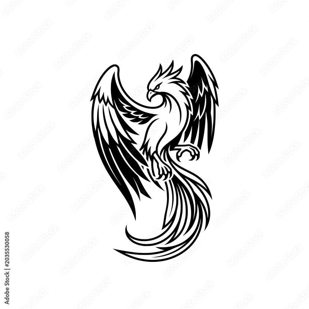 Fototapeta premium Mythical phoenix with outstretched wings symbolizes rebirth, strength, and immortality, standing tall against a stark white background.