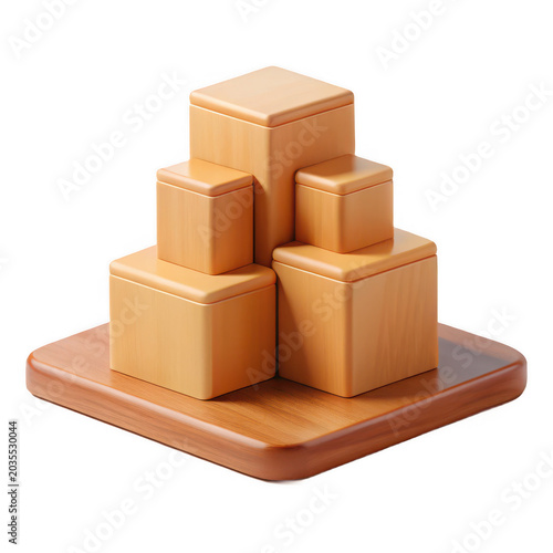 Realistic wooden cube podium stands mockup set in warm brown tones