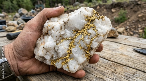 Hand holding gold quartz rock, precious metal mining concept