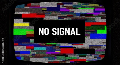 A glitchy, pixelated television screen showing a NO SIGNAL error with vibrant, distorted colors and static interference.