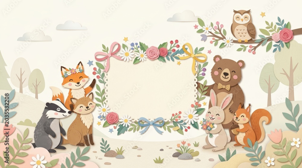 Naklejka premium Smiling woodland animals gathered around floral frame in forest setting