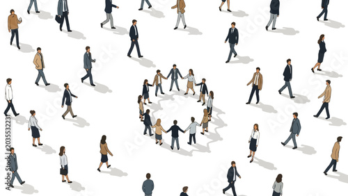 walking people a central group forming a circle and holding hands symbolizing community teamwork and social connection on white.