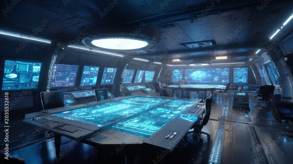 Fototapeta premium Futuristic Control Room Featuring Digital Holograms and Interactive Tables for Advanced AI Technology