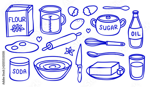 Set of baking and cooking ingredients in line art Mediterranean style isolated on white background. Hand drawn flour, eggs, measuring cup, rolling pin, whick, butter, soda, oil, spoon, knife, sugar.