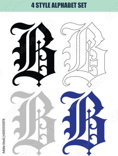 Gothic capital letter B in four styles black white gray blue for design