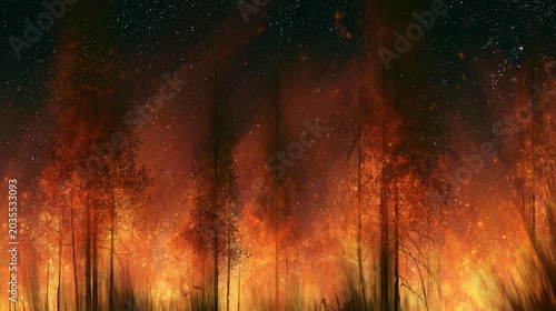 Trees burn in nature, creating soft, blurry backgrounds with starry sky effects and room for text.