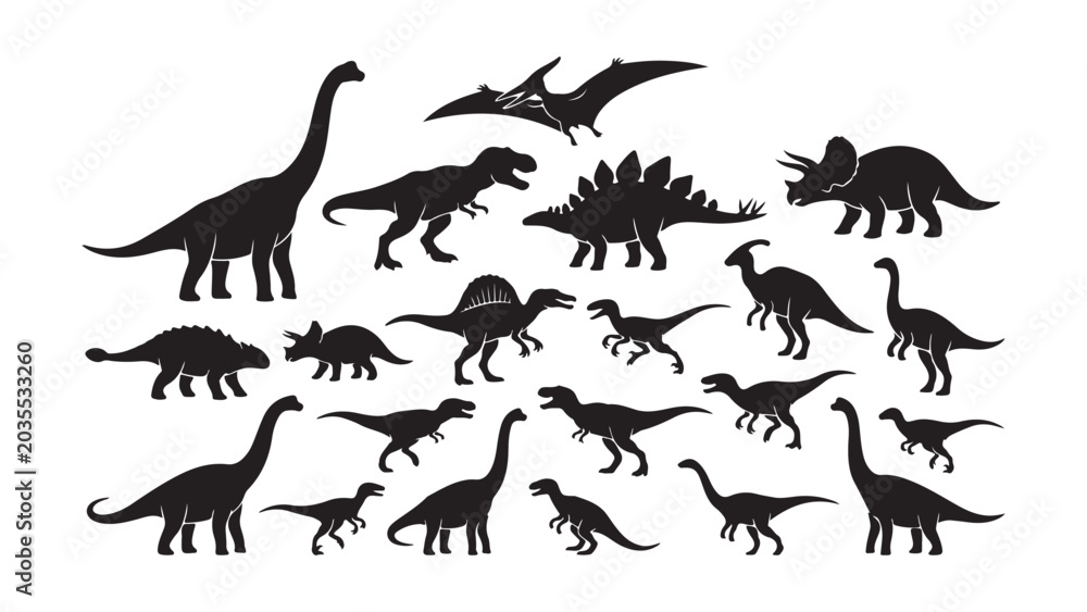 Fototapeta premium Dinosaur Silhouettes Set - Various Prehistoric Creatures Vector Illustration