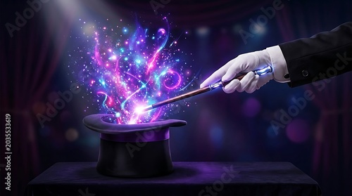 A close up of a hand in a black glove conjuring a vibrant purple magical energy from a top hat in a dark, mysterious setting.