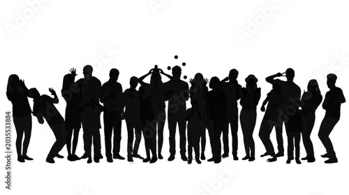 A diverse group of silhouetted people standing closely together in a unified pose against a plain background.