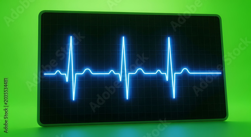 Neon blue heartbeat EKG waveform on black screen with green background