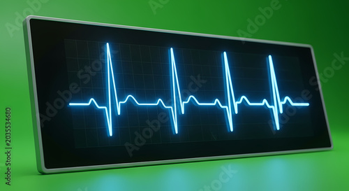 Digital heart monitor displaying blue electrocardiogram waveform on green background