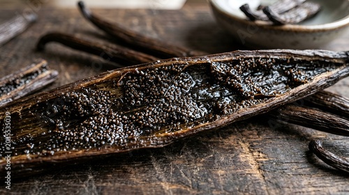 Macro detail of vanilla bean pod with seeds, gourmet food