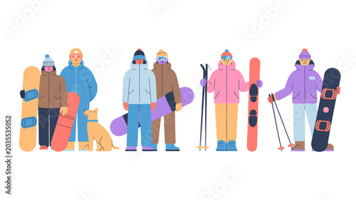 Bild auf Leinwand Group of people with snowboards and skis dressed in winter clothing for outdoor