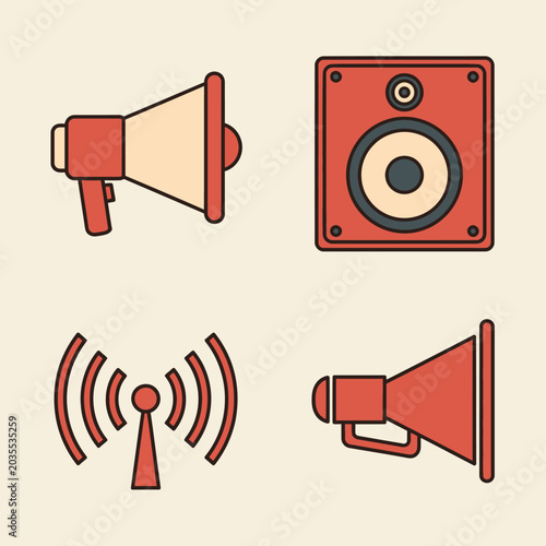 Audio communication and sound equipment flat vector icons.