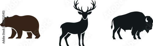 Canvas Print Stylized Silhouettes of Bear, Deer, and Bison Representing North American Wildli