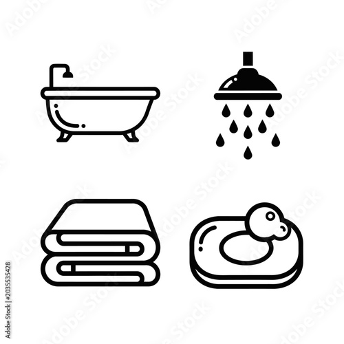 Bathroom hygiene line icons including bathtub shower and soap.