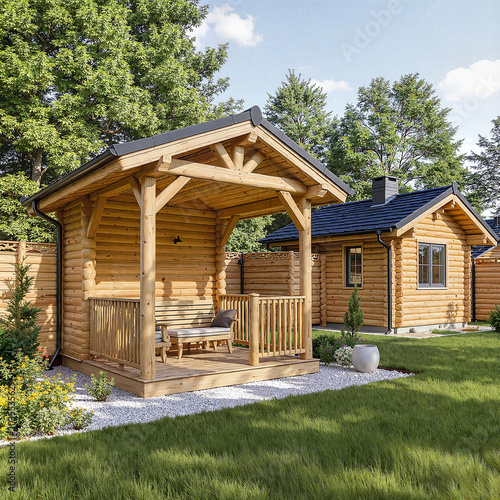 Wooden gazebo in a garden, sunny day, cozy atmosphere, greenery background
