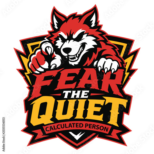 Aggressive wolf mascot logo design – fierce wild animal pointing gesture, bold typography, shield badge, sports team, t-shirt and esports graphic