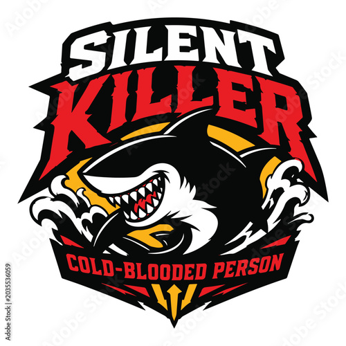 Aggressive shark mascot logo design – fierce ocean predator, bold typography, shield badge, sports team, t-shirt and esports graphic