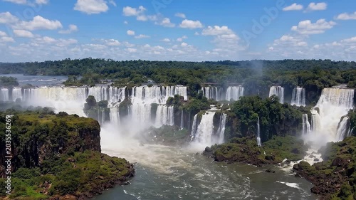 Majestic Iguazu Falls National Park Brazil Argentina Wide Shot Lush Greenery