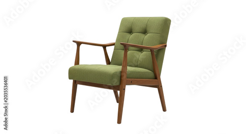 Green tufted armchair with wooden frame