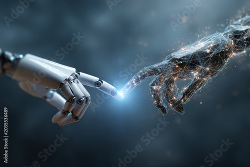 Robotic hand touching human hand made of connections and light