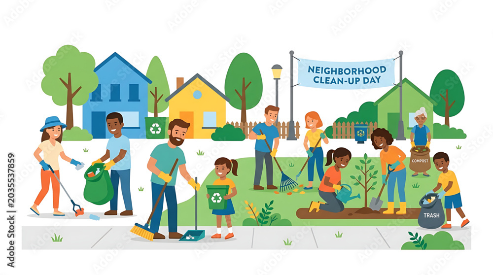 Fototapeta premium Diverse group of volunteers participating in a neighborhood cleanup day, cleaning streets and planting trees in a community park