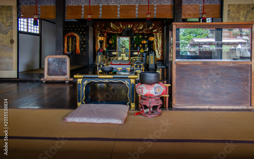 Interior of Traditional Buddhist Altar in Kyoto Temple