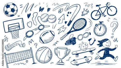 Hand drawn doodle set of various sports equipment and fitness icons