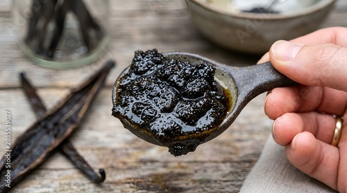 Vanilla bean paste on ceramic spoon, culinary ingredients close-up