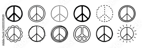 Peace sign symbols in various styles including hand-drawn, dotted, and outlined vector illustration set