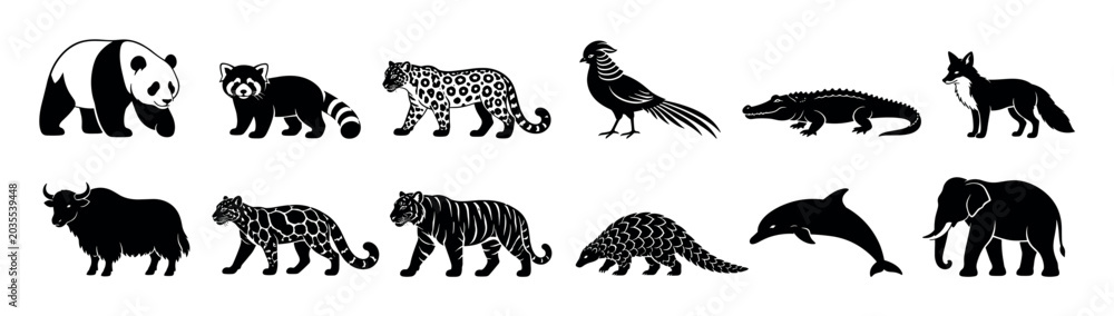 Obraz premium Panda red panda leopard pheasant alligator fox yak clouded leopard tiger pangolin dolphin elephant animal icons vector illustration
