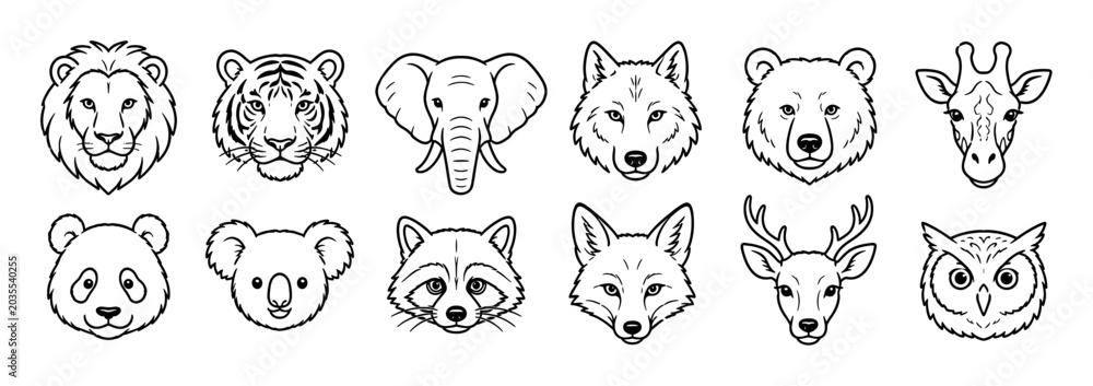 Fototapeta premium Lion tiger elephant wolf bear giraffe panda koala raccoon fox deer owl animal heads line art vector illustration set