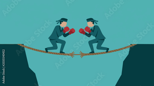 Картината върху платно Business conflict and risk on a precarious fraying tightrope