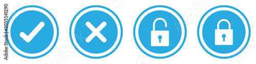 Blue circle security icon set with check mark cross and padlock symbols for access control. For approval status, security systems, authentication, privacy protection, secure access. Vector icons.