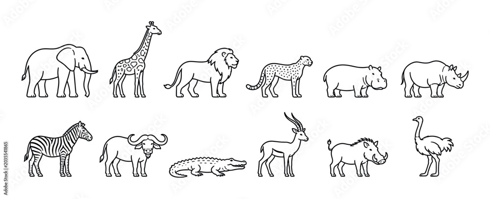 Obraz premium Elephant giraffe lion cheetah hippopotamus rhinoceros zebra buffalo crocodile antelope warthog ostrich animal icons set